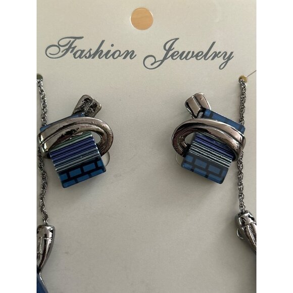 Contemporary Blue Geometric Art Deco Necklace & Earring Set Nickel Free - Picture 3 of 6